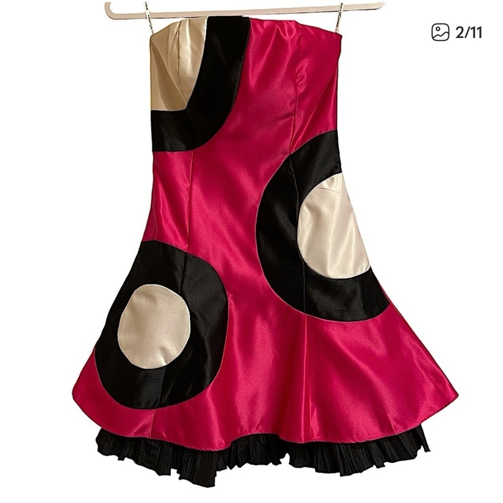 Jessica McClintock for Gunne Sax Strapless Mini Dress Hot Pink White Black Sz 3